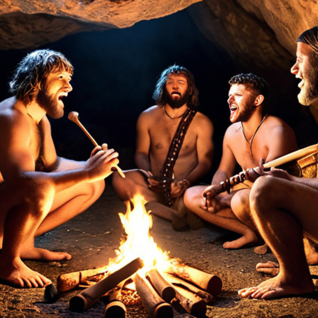 **A group of cavemen gathered around a fire in a cave, playing simple rhythmic instruments and singing. Capture the raw emotion and communal bonding through their music.**