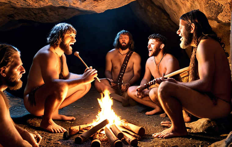 **A group of cavemen gathered around a fire in a cave, playing simple rhythmic instruments and singing. Capture the raw emotion and communal bonding through their music.**
