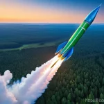 Home 12 우주 탐사 - A sleek, futuristic rocket launching from a verdant launchpad, enveloped in vibrant green and blue p...