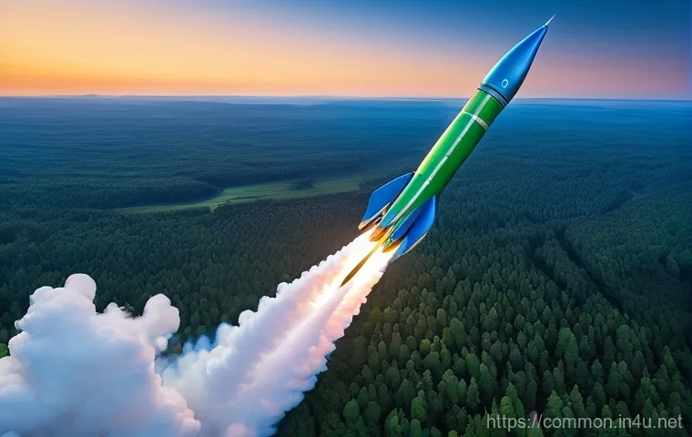 우주 탐사 - A sleek, futuristic rocket launching from a verdant launchpad, enveloped in vibrant green and blue p...