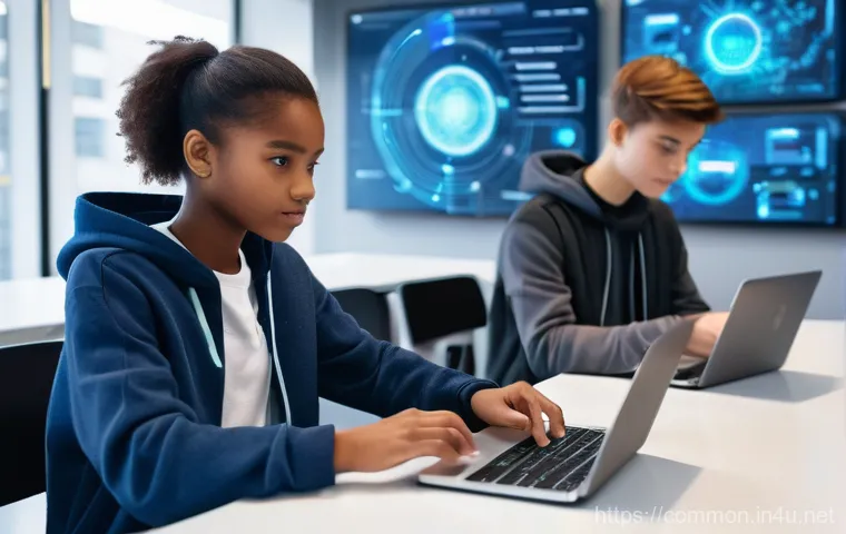 청소년을 위한 상식 - **Prompt 1: Future-Ready Youth Engaging with Digital Technologies**
A group of diverse teenagers...